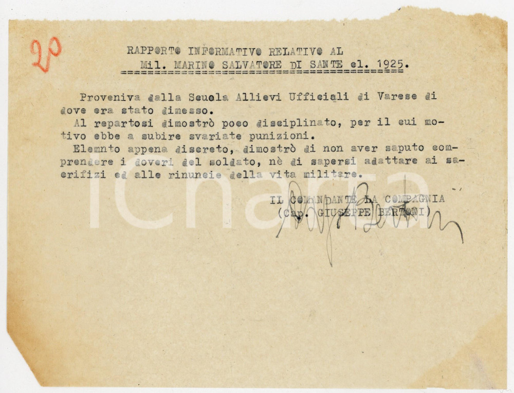 Documento originale, autentico 1944 TORINO ? RSI Militare Salvatore MARINO si dimostra poco disciplinato 1