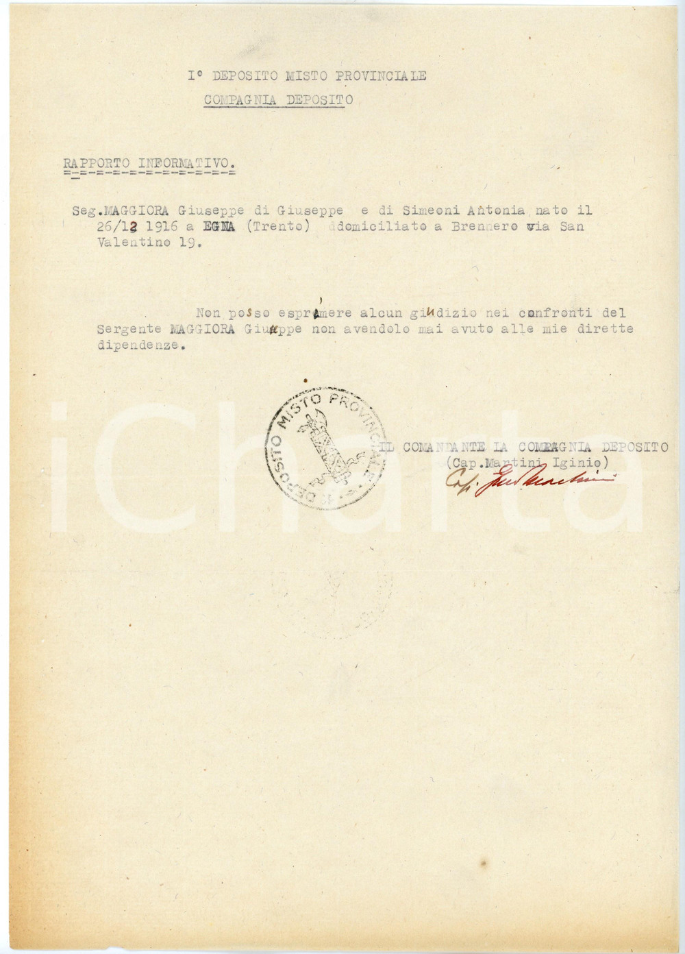 Documento originale, autentico 1944 RSI WW2 1Â° Deposito Misto Nessun giudizio sul Sergente Giuseppe MAGGIORA 1