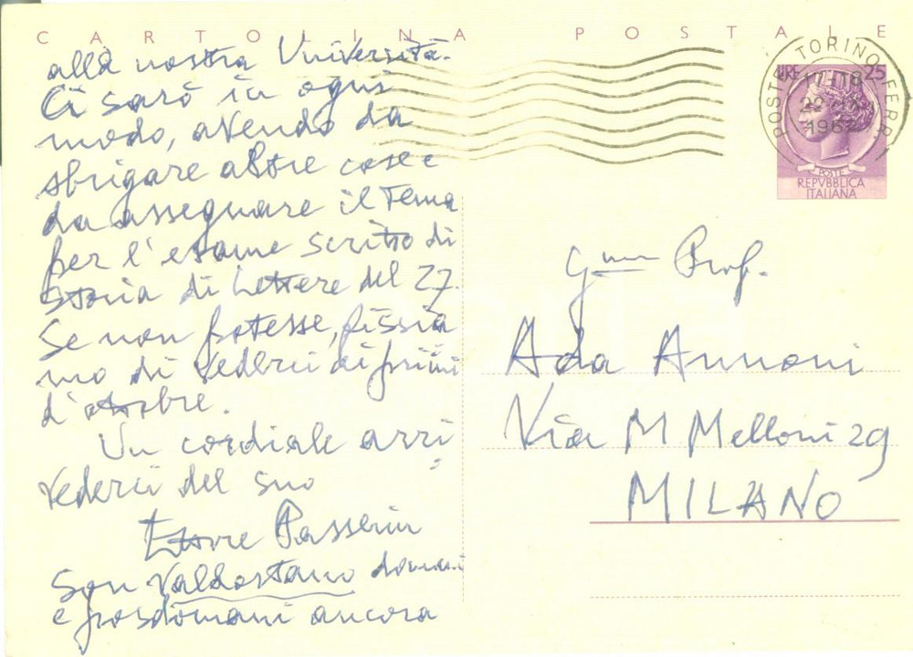 Autografo originale 1962 TORINO Ettore PASSERIN D ENTREVES Cartolina postale autogafa 1