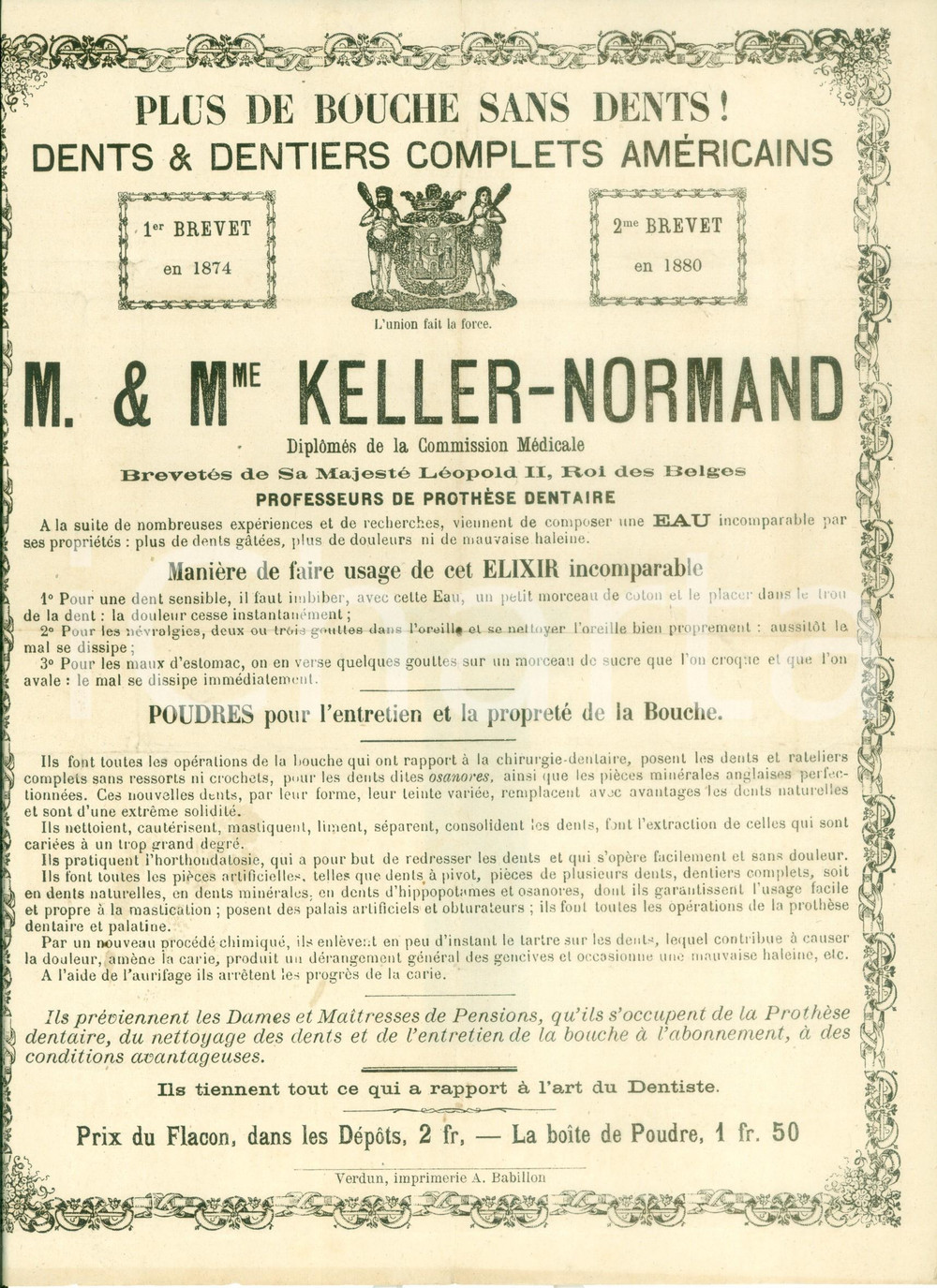 Documento originale, autentico 1880 ca VERDUN F Dentiere americane KELLERNORMAND Locandina pubblicitaria 1