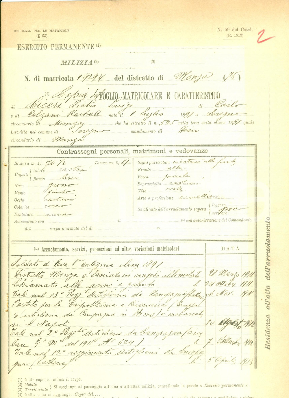 Documento originale, autentico 1914 SEREGNO MB WW1 Soldato Pietro Luigi CICERI Foglio matricolare 1