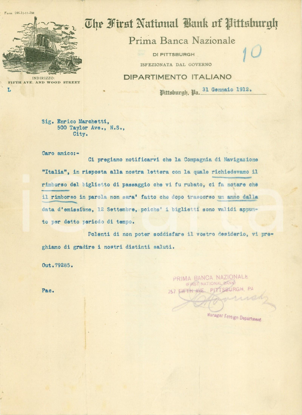 Documento originale, autentico 1912 PITTSBURGH USA The First National bank Compagnia Navigazione ITALIA 1