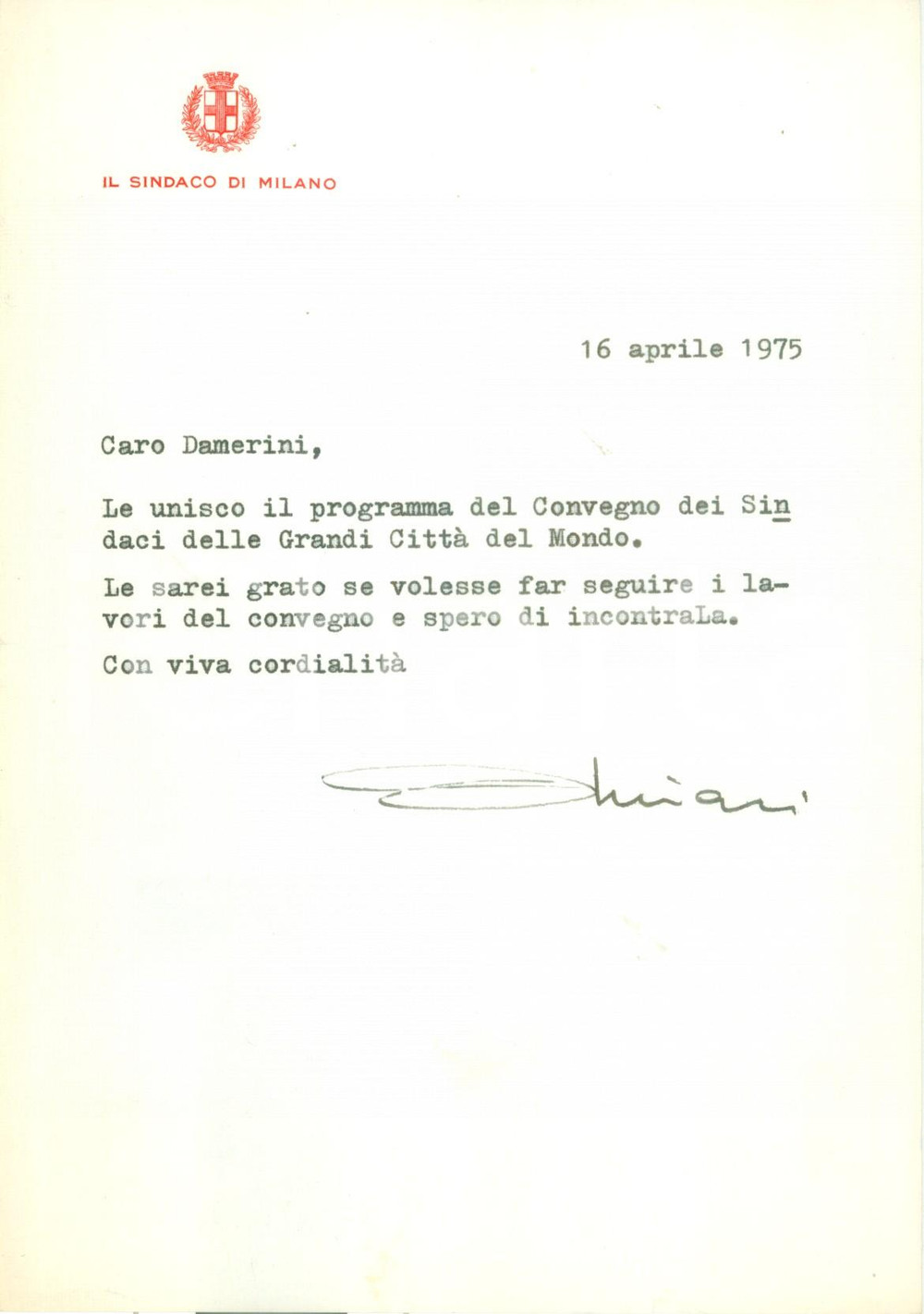 Autografo originale 1975 MILANO Sindaco partigiano Aldo ANIASI invita a Convegno Sindaci AUTOGRAFO 1