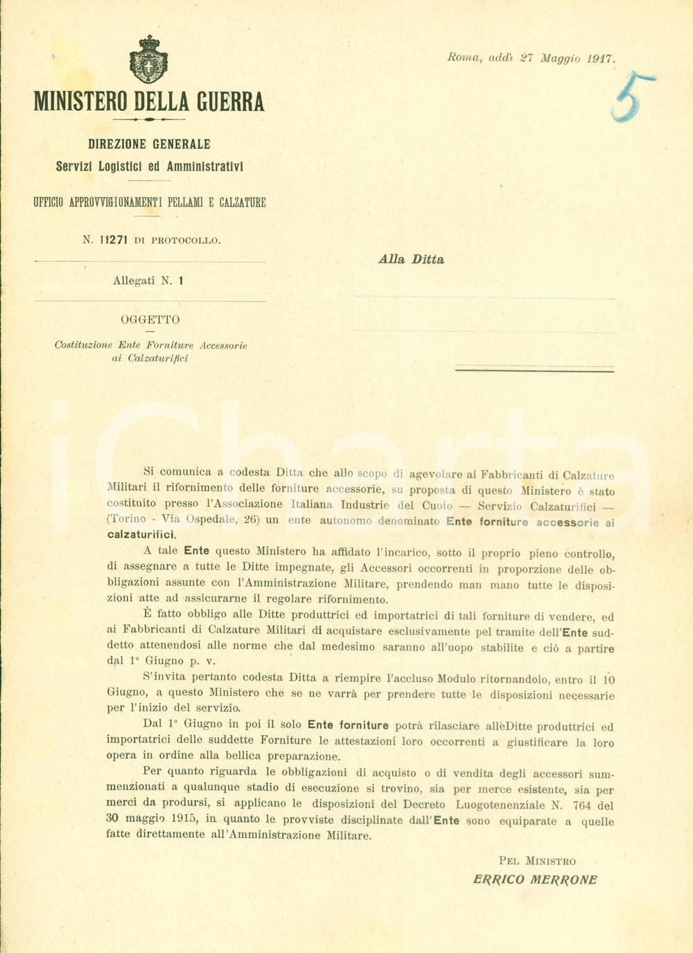 Documento originale, autentico 1917 ROMA WW1 Nasce l Ente forniture accessorie ai calzaturifici per la guerra 1