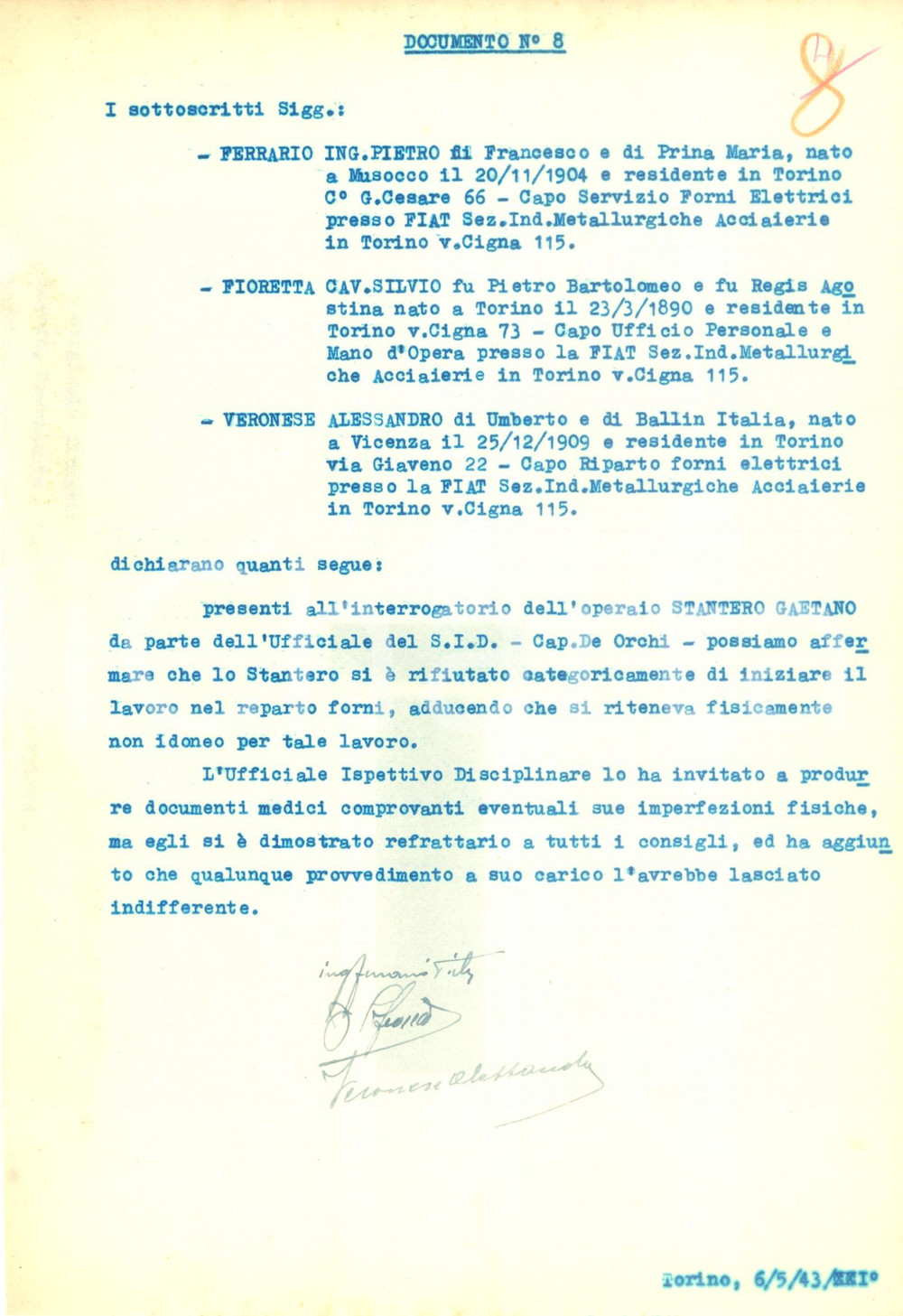 Documento originale, autentico 1942 TORINO FIAT WW2 Operaio Gaetano STANTERO rifiuta di lavorare ai forni 1
