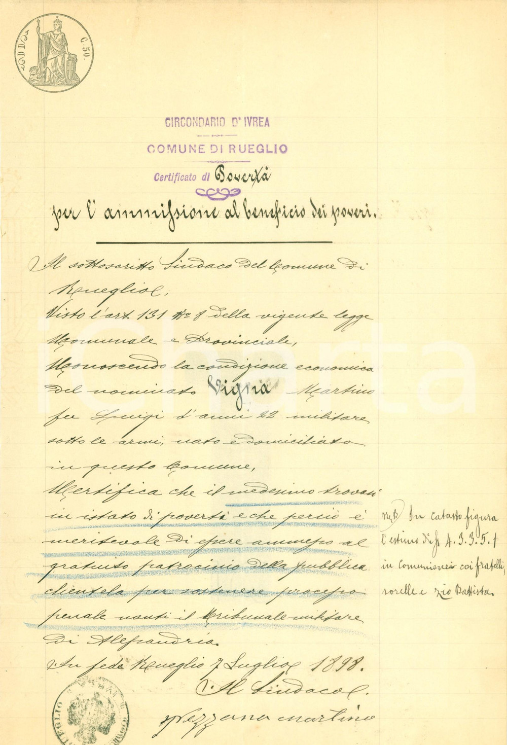 Documento originale, autentico 1898 RUEGLIO TO Militare Martino VIGNA versa in stato di povertÃ  Documento 1