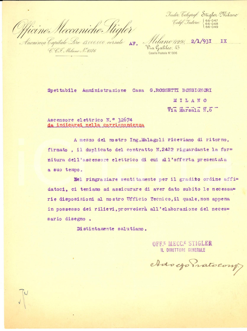 Documento originale, autentico 1931 MILANO Officine Meccaniche STIGLER Ascensori Ing. Adolfo PRATOLONGO 1