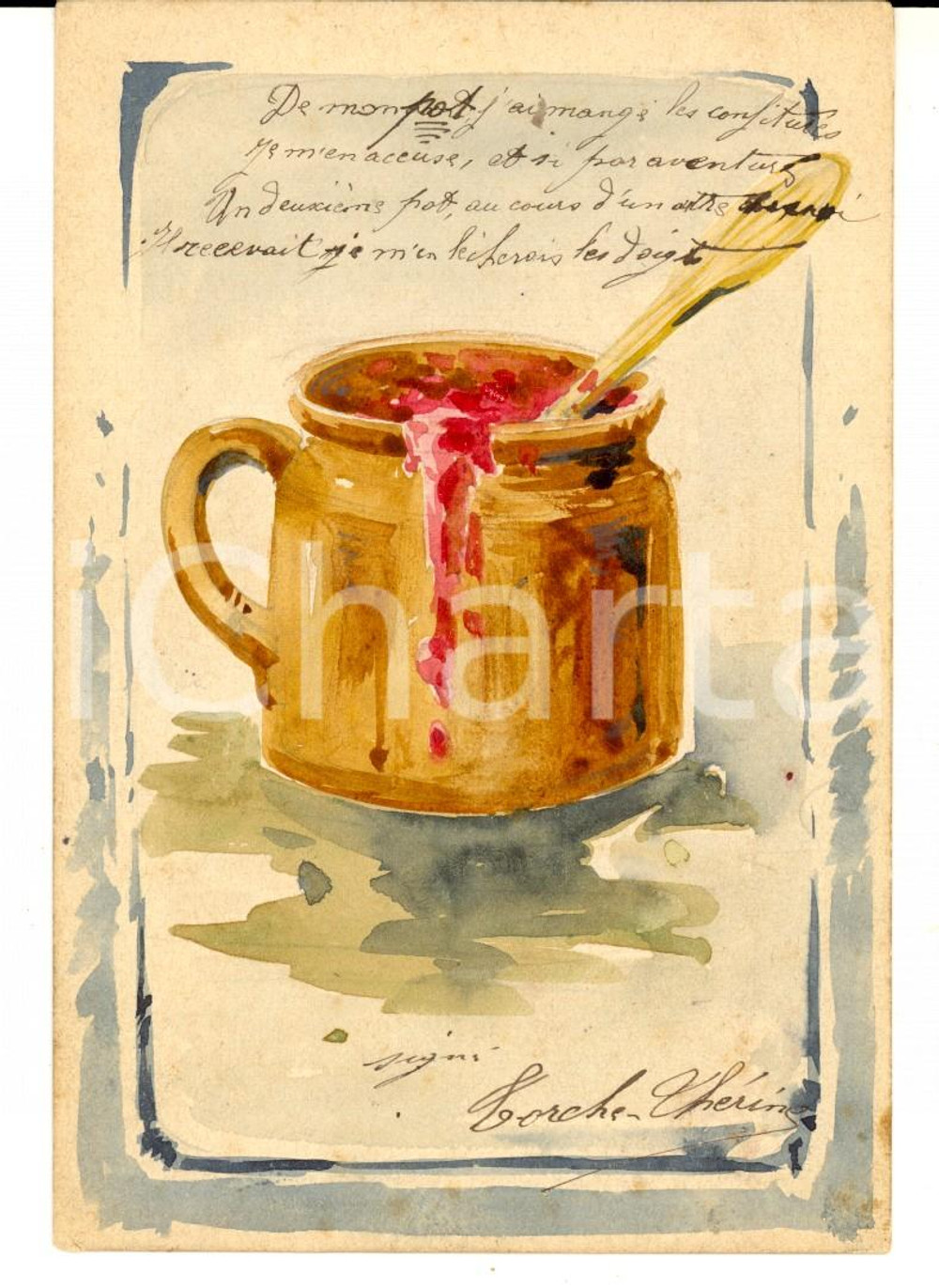 Cartolina originale da collezione 1905 FRANCIA Vasetto di marmellata Cartolina artistica DIPINTA A MANO 1