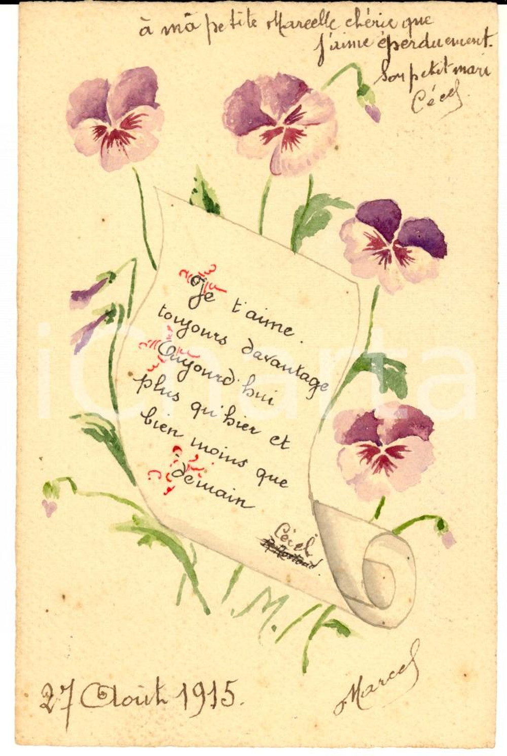 Cartolina originale da collezione 1915 FRANCIA Cartolina d amore con fiori DIPINTA A MANO FP Marcel DAMARS 1