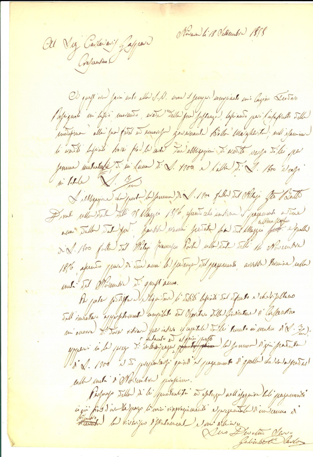 Manoscritto, lettera originale 1858 NOVARA Ing. Carlo GALIMBERTI ripiana i debiti del cugino defunto Autografo 1