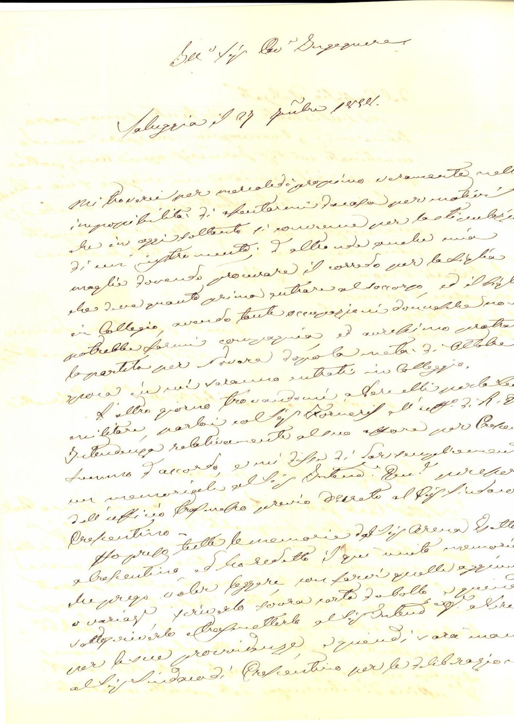 1858 SALUGGIA Notaio Giovanni Battista DONATO e il corredo della figlia *Lettera DATA: 27 settembre 1858LUOGO: SALUGGIA (VC) TITOLO: NOTAIO DONATO IMPEGNATO IN FAMIGLIA DESCRIZIONE: Lettera all'ing. del Genio Civile Carlo Galimberti da parte di un notaio di Saluggia, Giovanni Battista Donato, impegnato per ragioni di famiglia:"... Mi troverei veramente nell'impossibilit&agrave; di assentarmi da casa per motivi che in oggi soltanto di pervenne per la stipulazione... anche mia moglie dovendo procurare il corredo per la figlia che deve quanto prima entrare al soccorso, ed il figlio in collegio...".  CONDIZIONI: mediocri (piegature d'epoca e gualciture marginali)FORMATO: 20 x 30 cmPAGINE: 4 (1 bianca) Documento d'epoca, originale, autentico.     originale e autentica 1