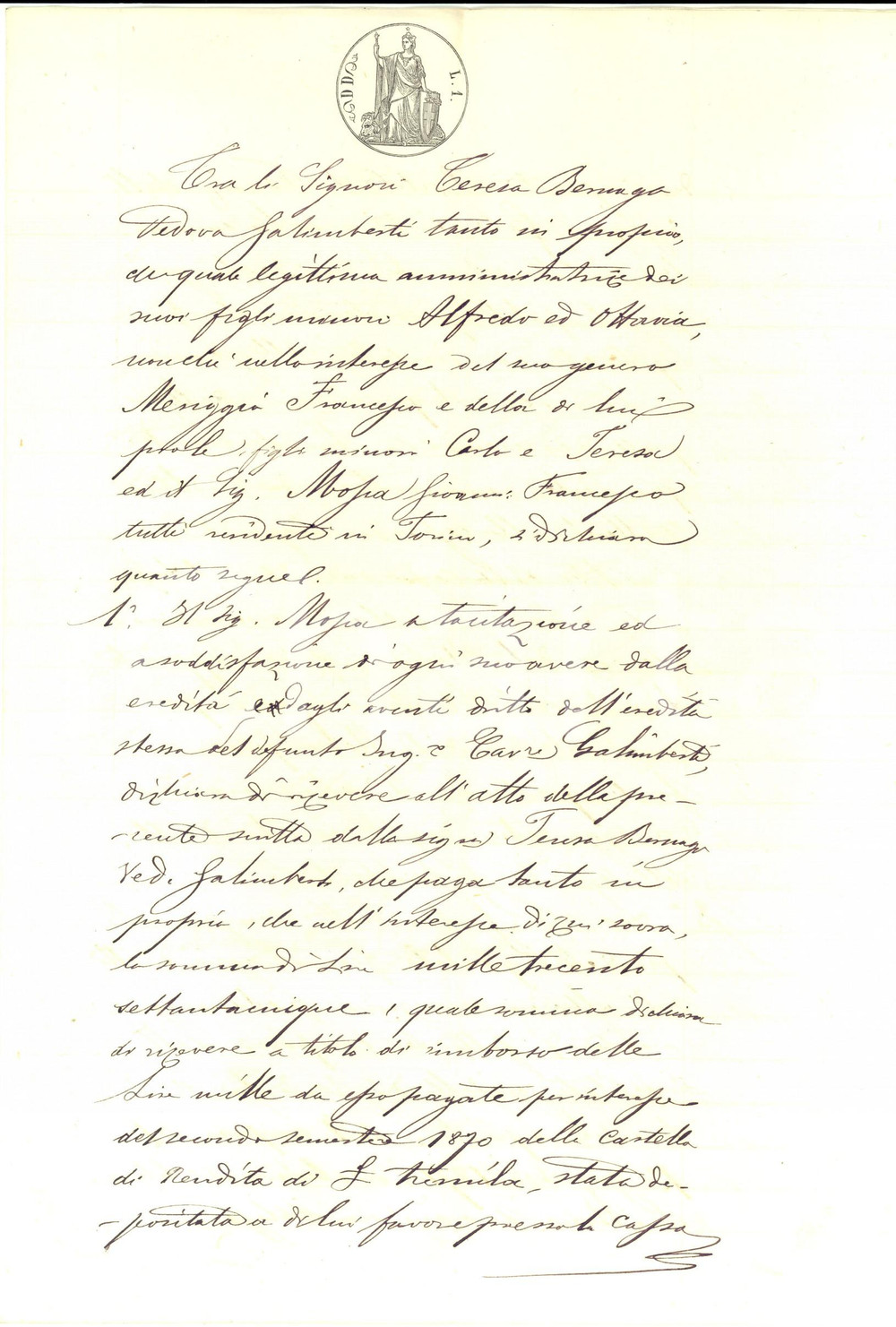 Documento originale, autentico 1874 CRESCENTINO Teresa BERNAGO GALIMBERTI chiude pendenza con Giovanni MOSCA 1