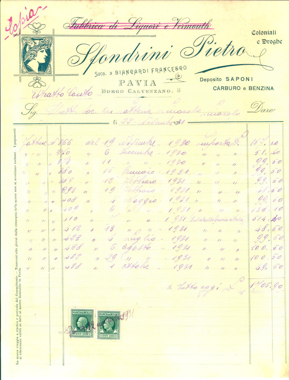 Documento originale, autentico 1931 PAVIA Pietro SFONDRINI Deposito saponi, carburo e benzina Conto 1