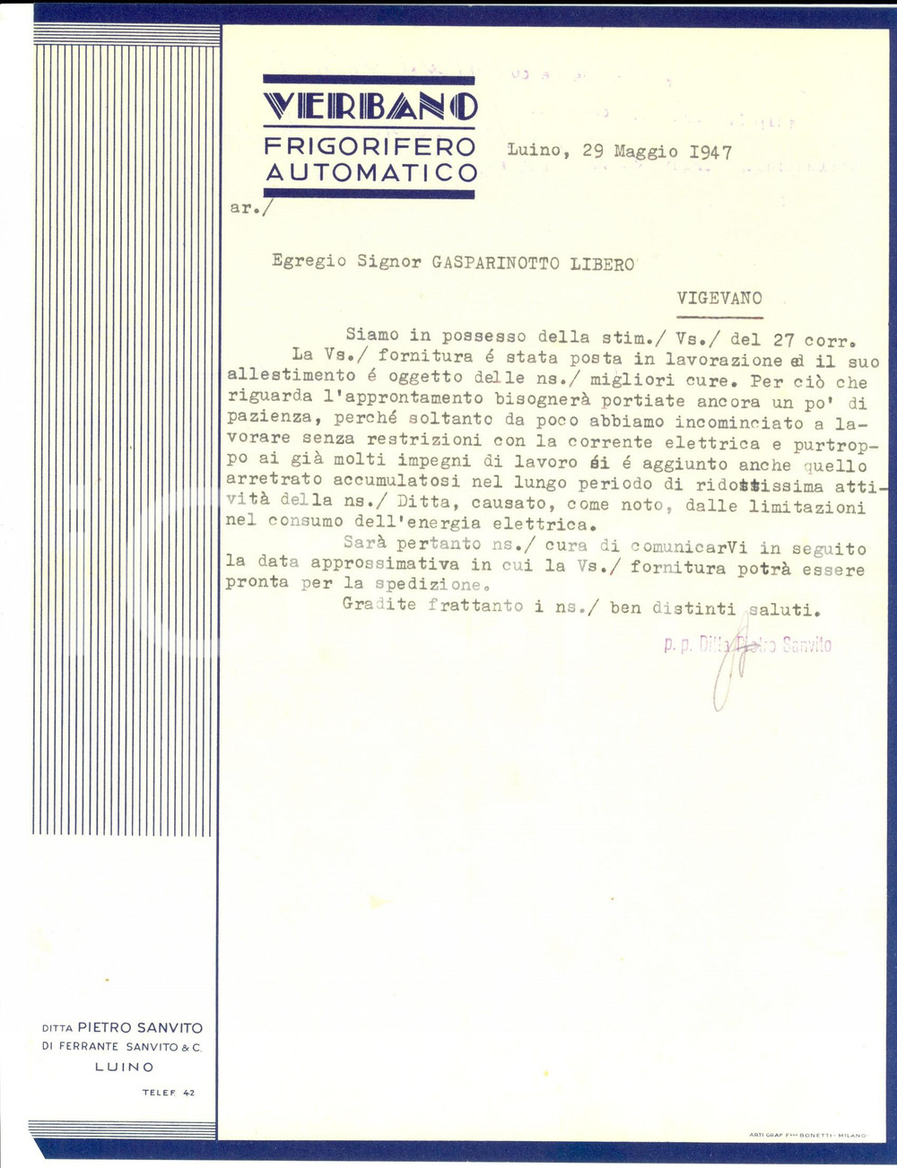 Documento originale, autentico 1947 LUINO VA Frigorifero VERBANO in ritardo per limitazioni energia elettrica 1