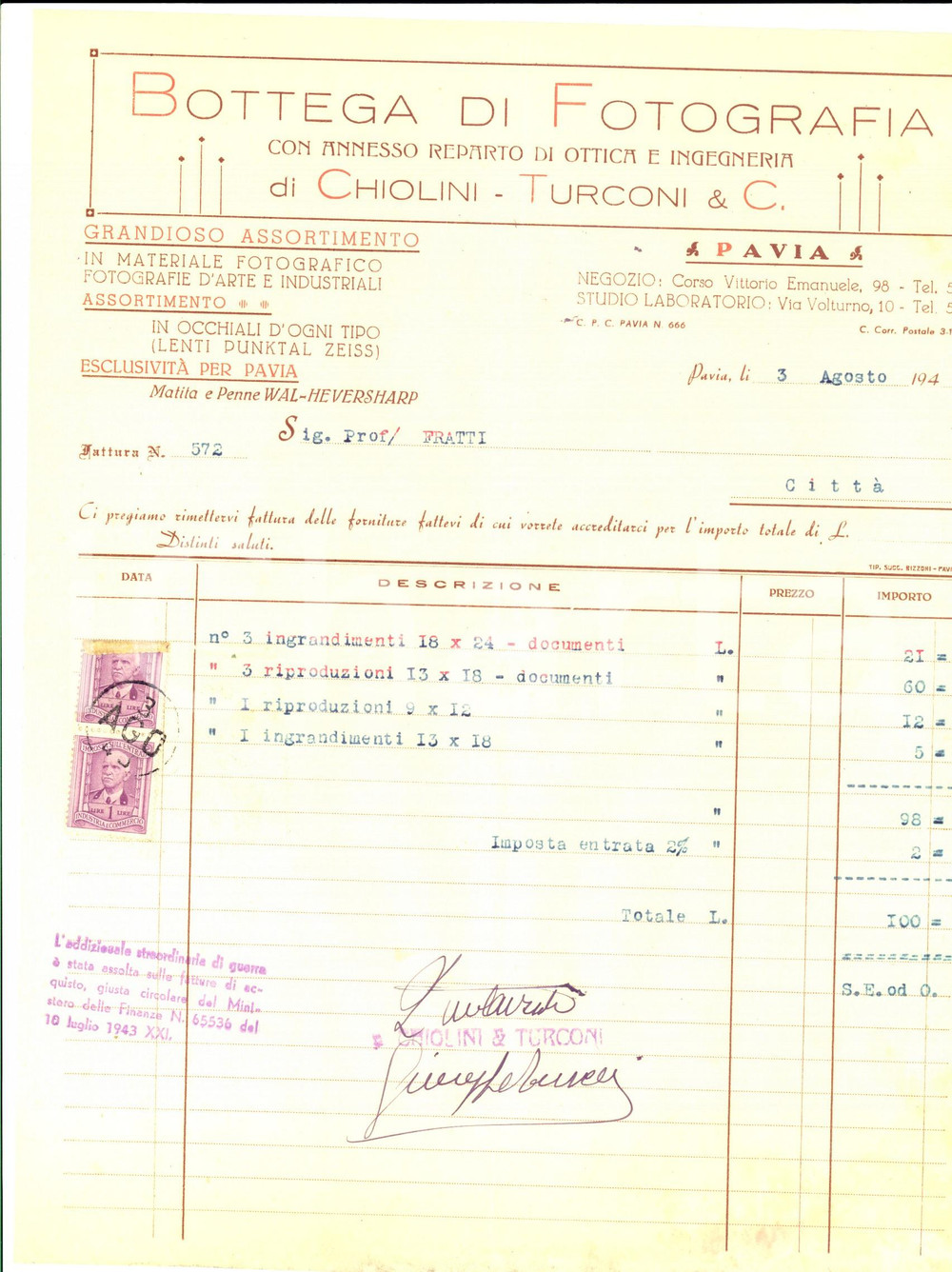 Documento originale, autentico 1943 PAVIA Ditta CHIOLINI  TURCONI Bottega di fotografia Fattura intestata 1