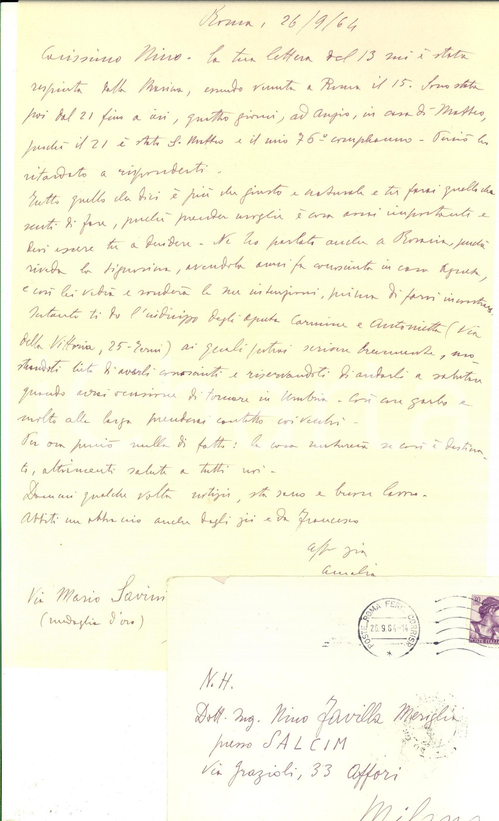 Manoscritto, lettera originale 1964 ROMA Prof.ssa Amalia FAVILLA al nipote Nino Lettera autografa 1
