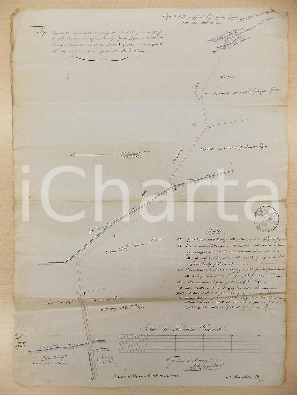Mappa, planimetria storica 1825 GARLASCO PV Progetto ing. Carlo CAPPA per cavo irriguo Ignazio CAPRA 1