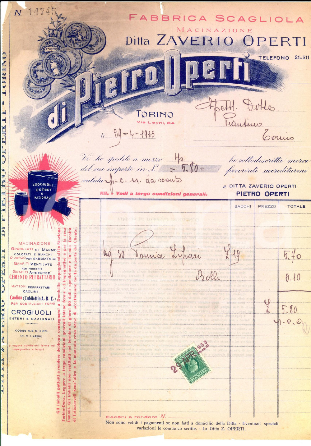 Documento originale, autentico 1933 TORINO Ditta Zaverio OPERTI Fabbrica scagliola Fattura per pomice 1