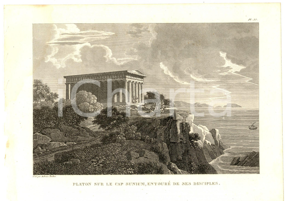 Stampa, bozzetto originale 1830 Anacharsis en GrÃ¨ce  Platon sur le camp SUNIUM Gravure TARDIEU pl. 35 1