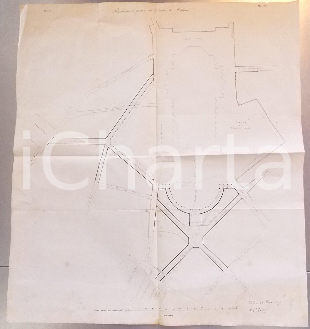 Mappa, planimetria storica 1857 MILANO Architetto A. F. ZUCCARI Progetto piazza Duomo Planimetria a stampa 1