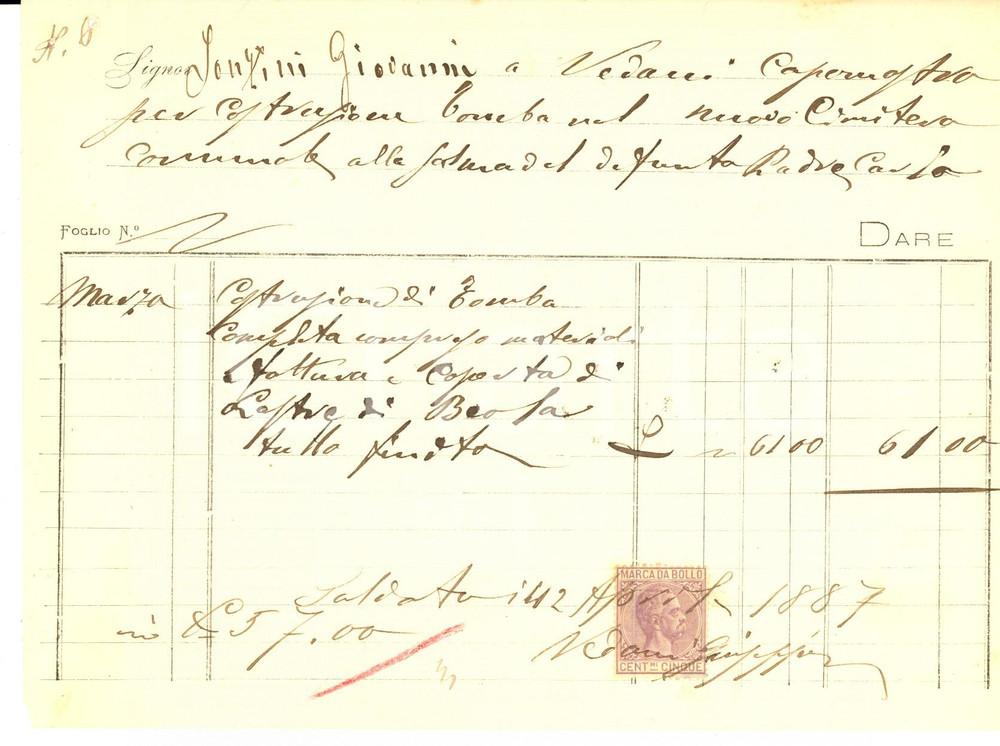 Documento originale, autentico 1887 VARESE Fattura capomastro VEDANI per costruzione di tomba completa 1