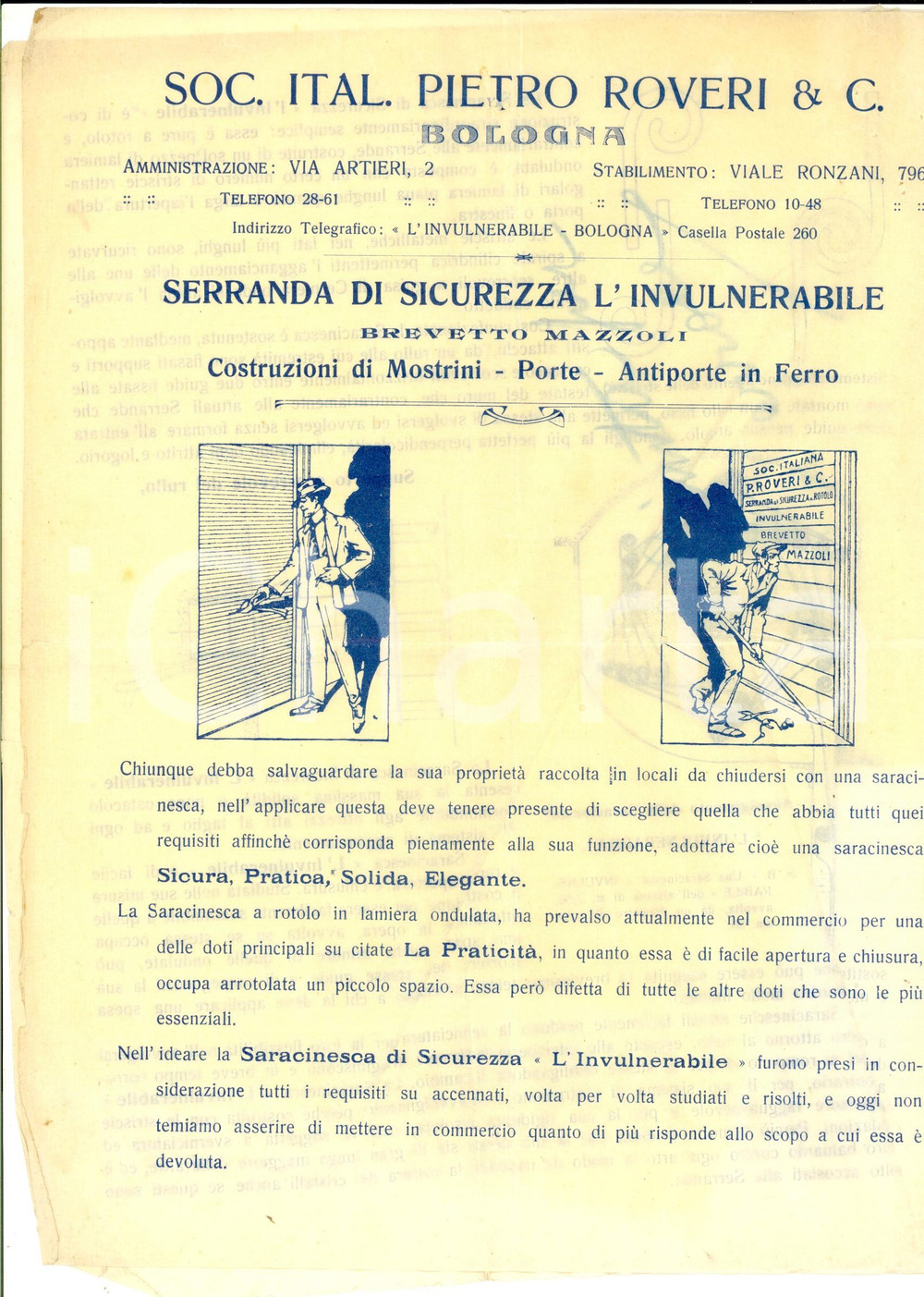 Materiale pubblicitario d’epoca 1930 a BOLOGNA SocietÃ  Pietro ROVERI  Serranda L INVULNERABILE Pubblicitario 1