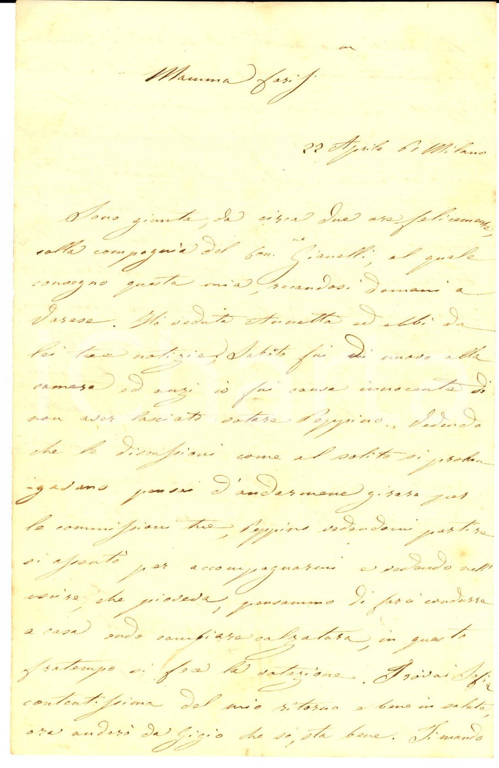 Manoscritto, lettera originale 1862 MILANO Giulia GAVAZZI impedisce il voto al marito Giuseppe SPERONI deputato 1