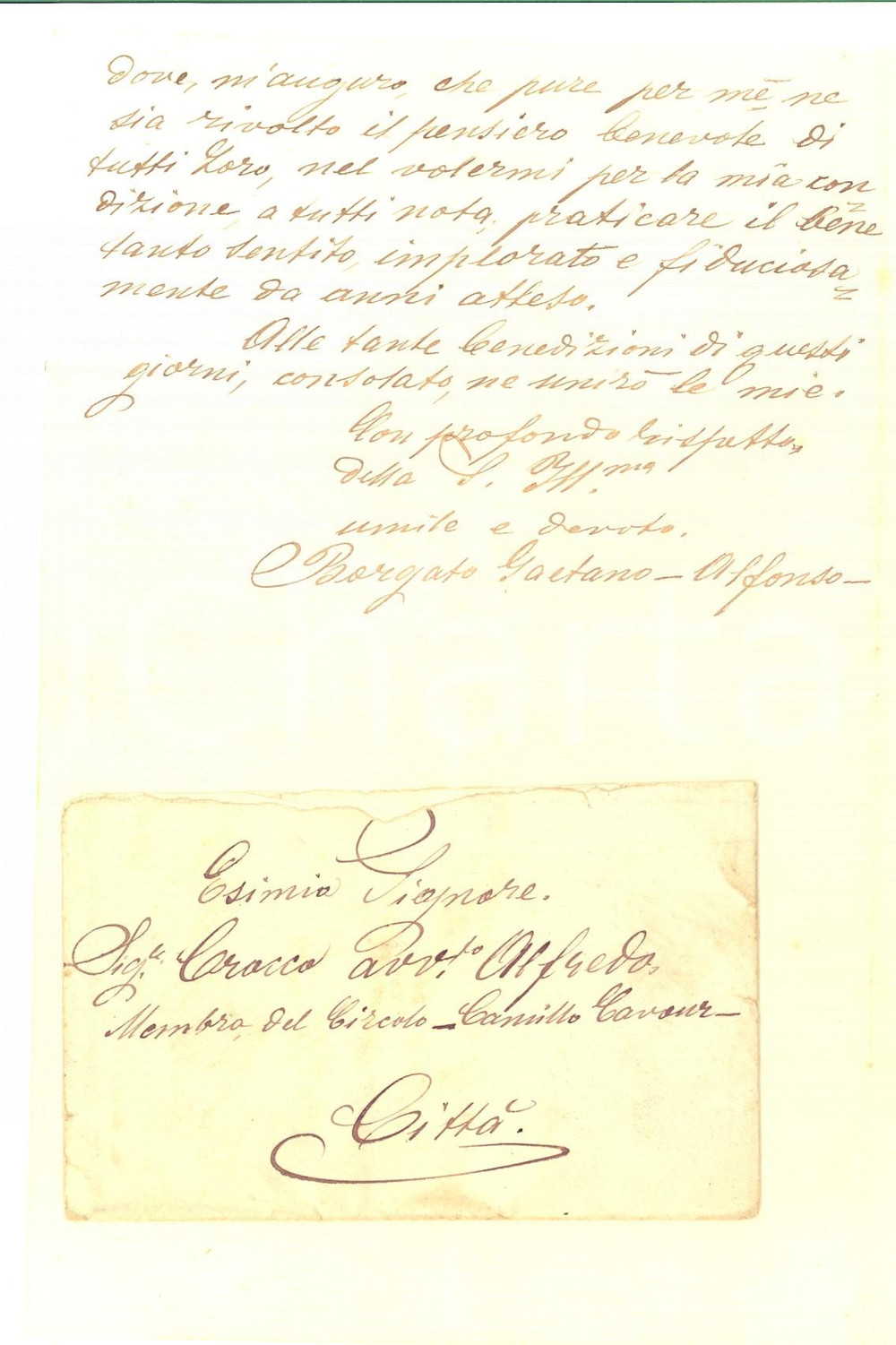 Manoscritto, lettera originale 1902 ROVIGO Gaetano Alfonso BORGATO al circolo CAVOUR per il Natale Lettera 1