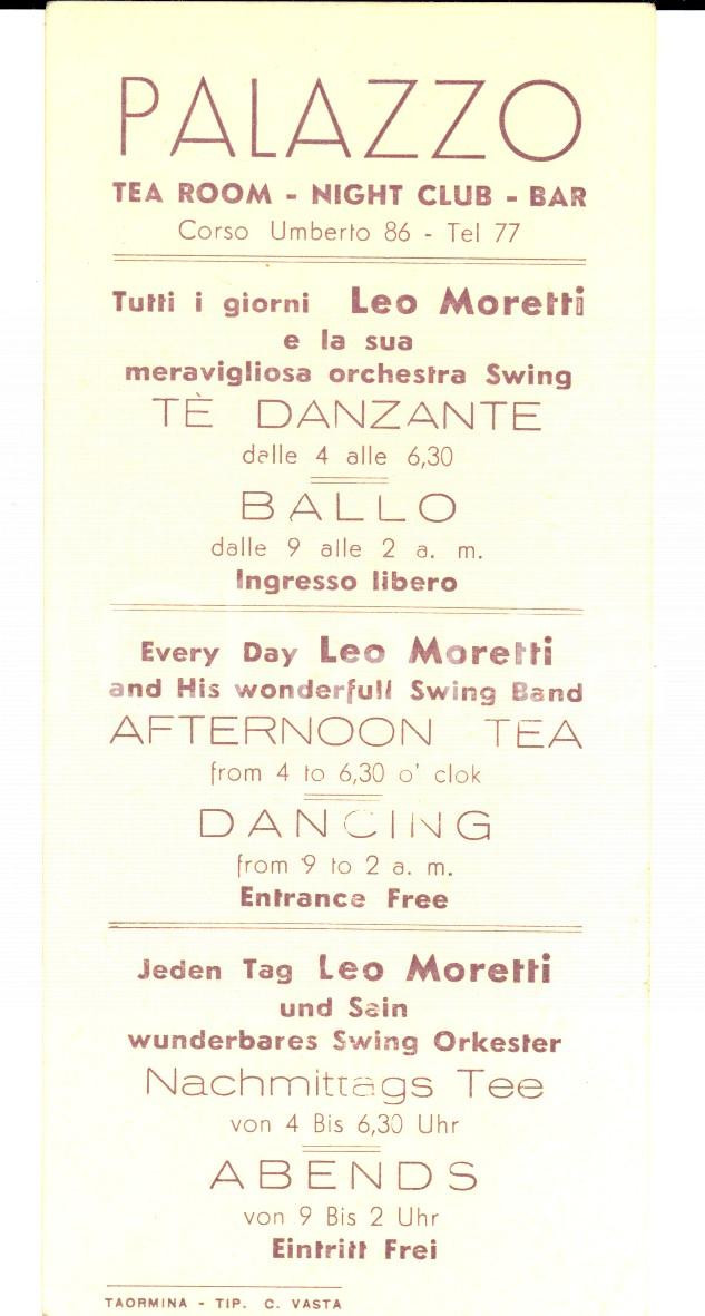 Materiale pubblicitario d’epoca 1940 ca TAORMINA ME Night Club PALAZZO  Leo MORETTI Swing Band Pubblicitario 1