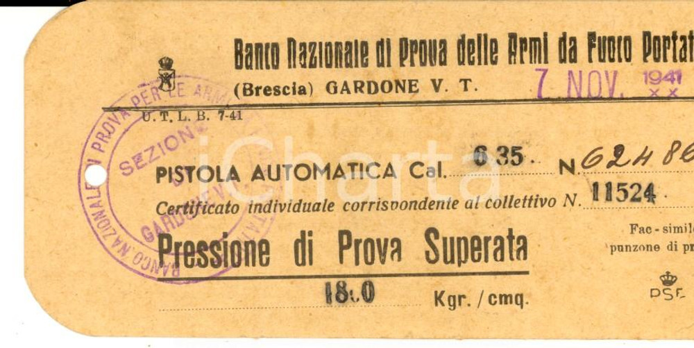 Documento originale, autentico 1941 GARDONE BS Banco Prova ARMI DA FUOCO Ricevuta prova pistola 11x5 cm 1
