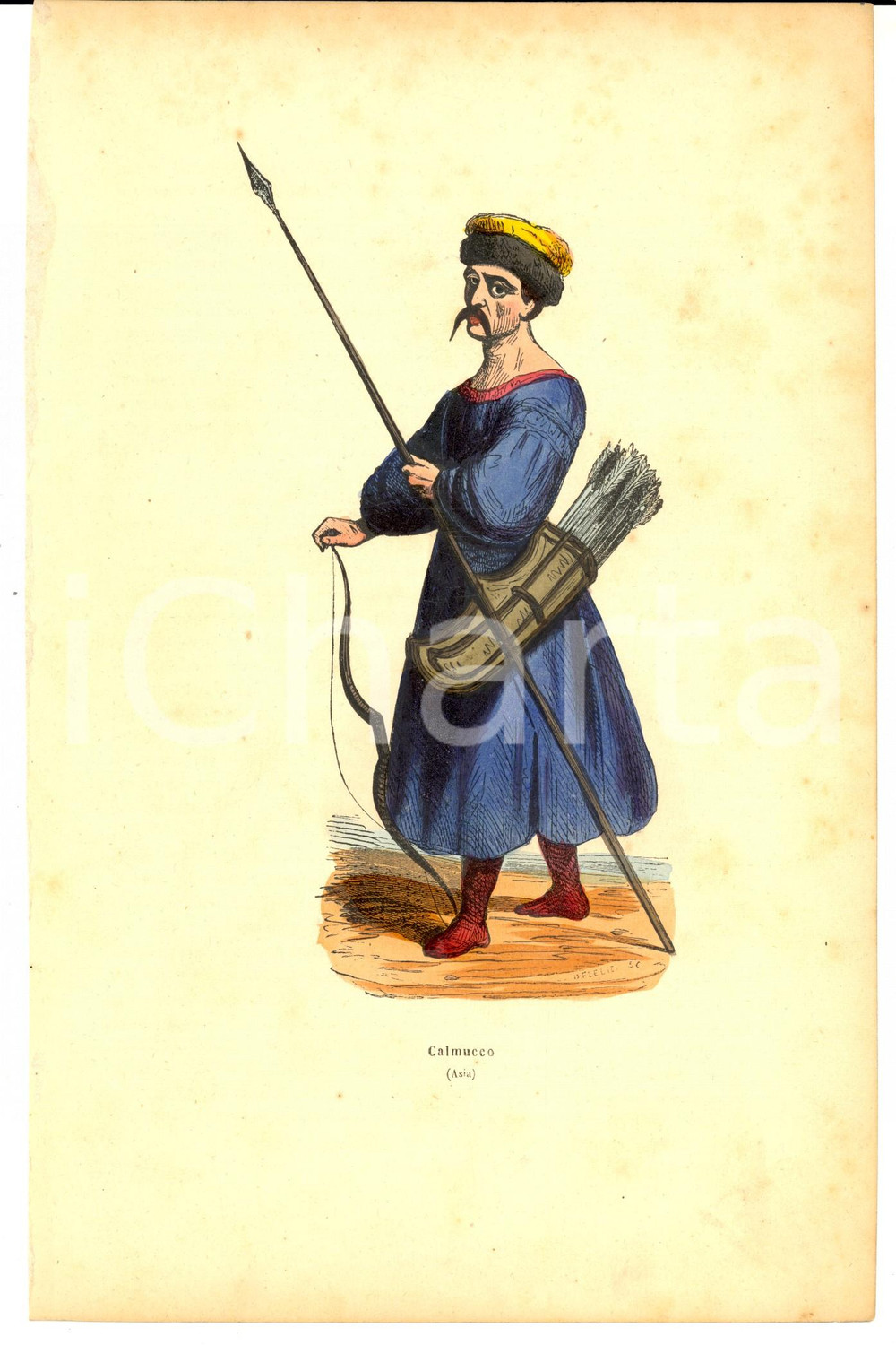 Stampa, bozzetto originale 1850 ca COSTUME ASIA Calmucco con arco e frecce Stampa acquerellata a mano 16x24 1