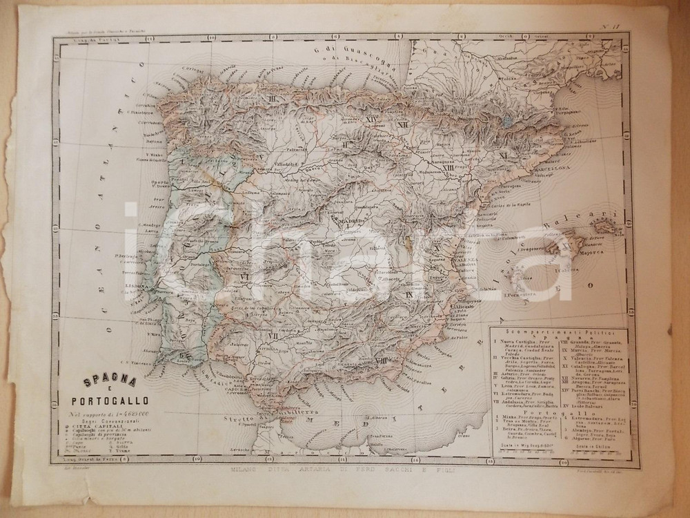 Stampa, bozzetto originale 1880 ca MALFATTI  CARABELLI Atlante Geografico  Spagna e Portogallo Tav. 17 1