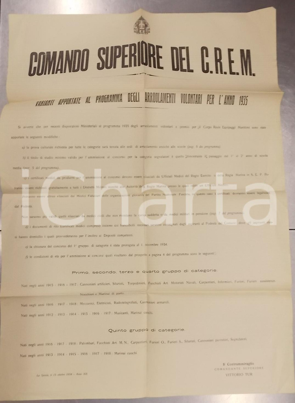 Documento originale, autentico 1934 LA SPEZIA CREM Arruolamenti volontari  Variazioni al programma Manifesto 1