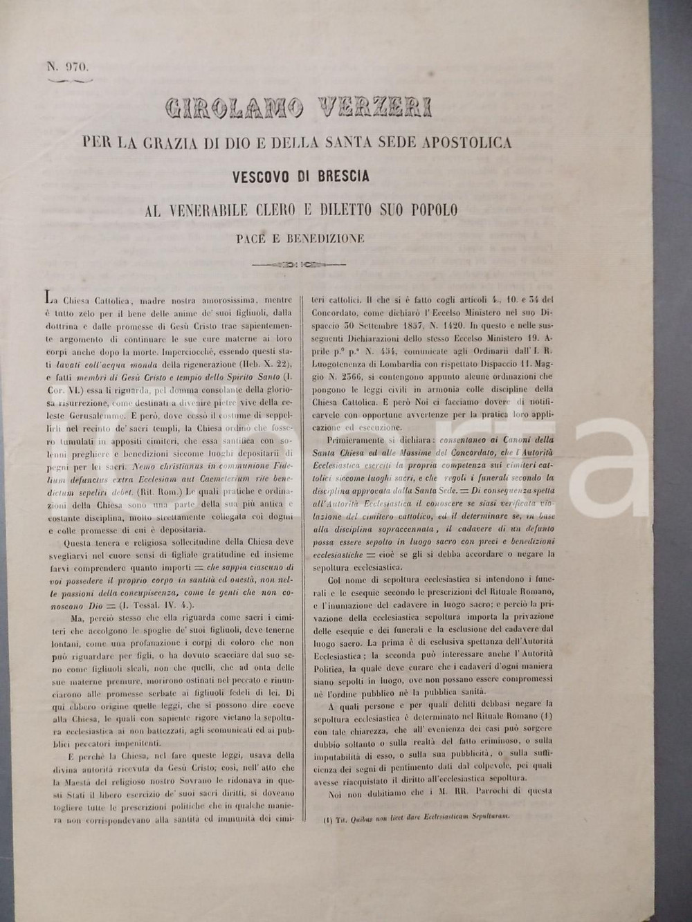 Documento originale, autentico 1858 BRESCIA Vescovo Girolamo VERZERI  Lettera sulla sepoltura nei cimiteri 1