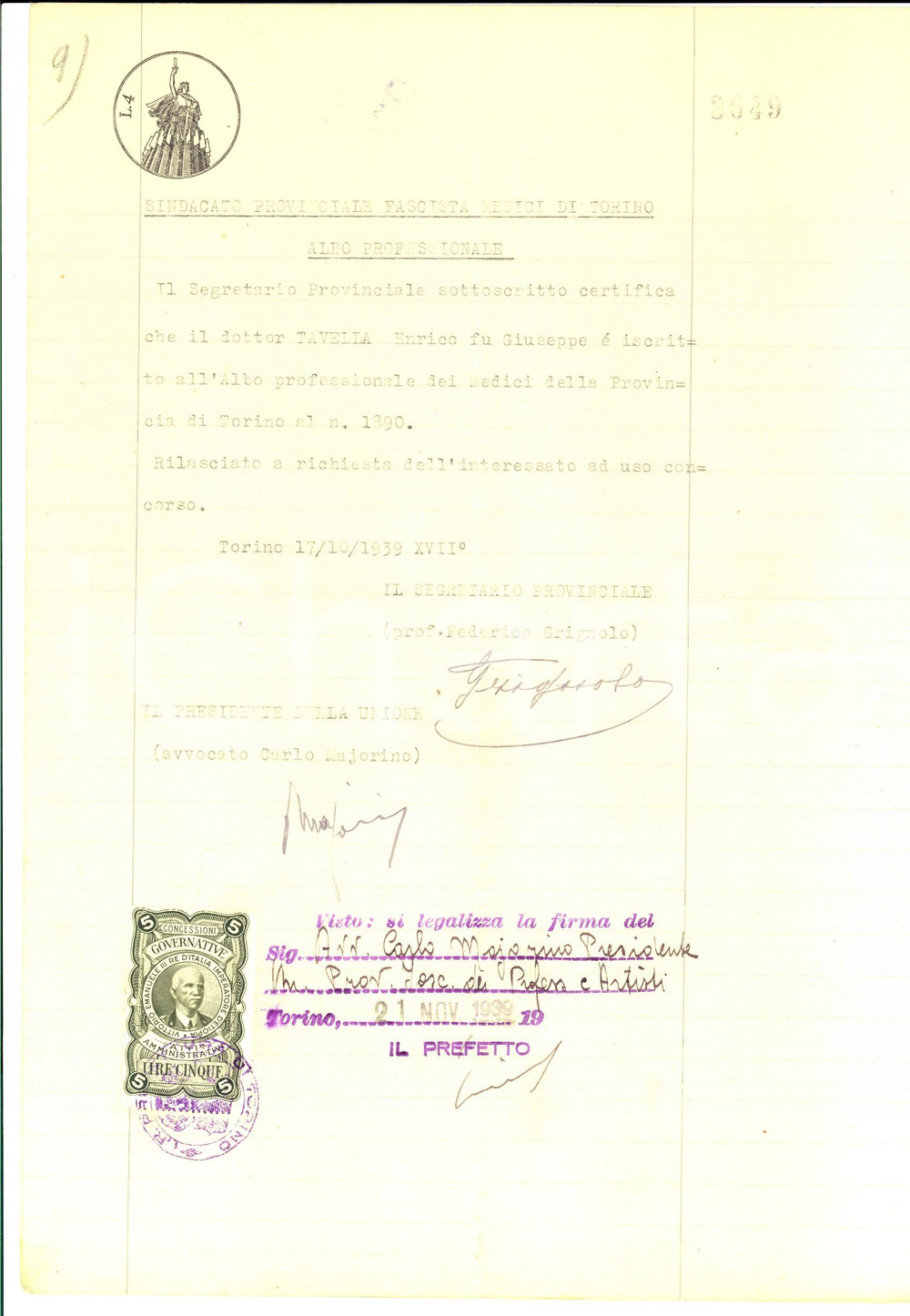 Documento originale, autentico 1939 TORINO Iscrizione di Enrico TAVELLA all albo professionale dei medici 1