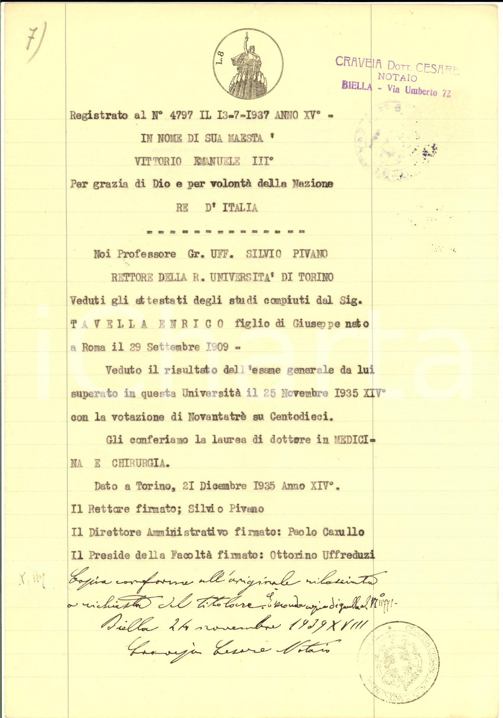 Documento originale, autentico 1935 TORINO Certificato laurea di Enrico TAVELLA in medicina e chirurgia 1