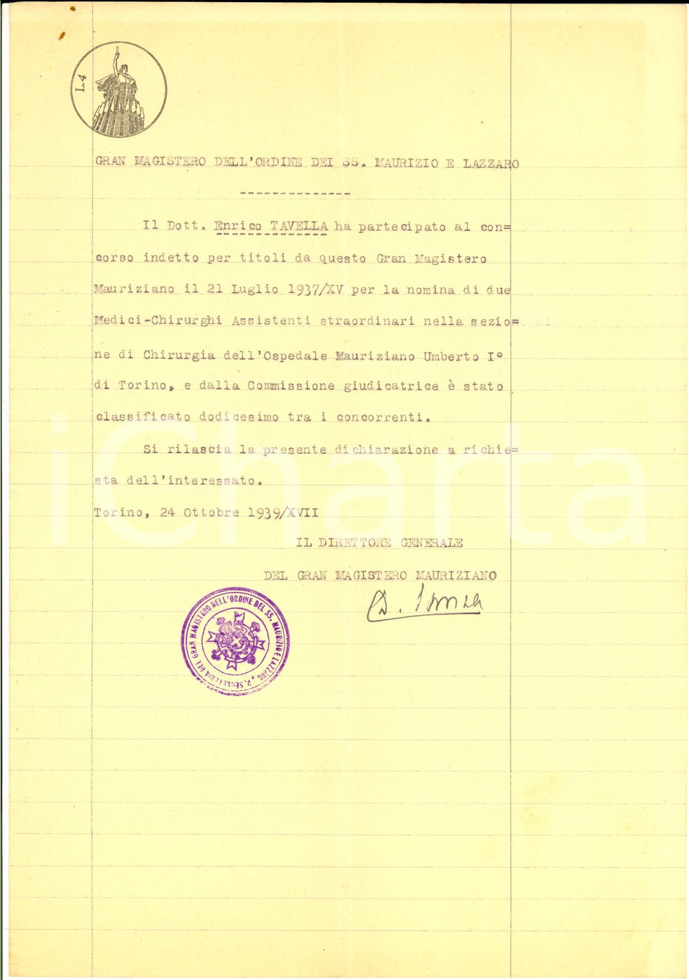 Documento originale, autentico 1939 TORINO Ospedale MAURIZIANO Enrico TAVELLA partecipa a concorso per medico 1