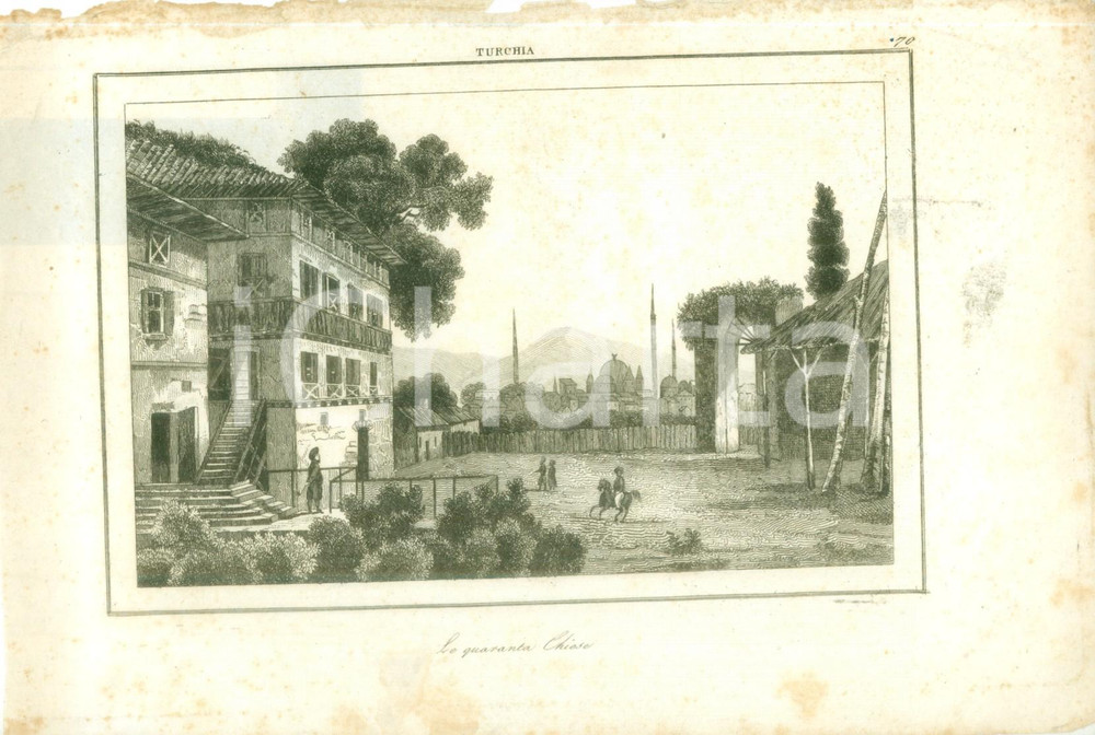 Stampa, bozzetto originale 1845 ca TURCHIA Le quaranta chiese Stampa ANIMATA cm 21 x 14 1