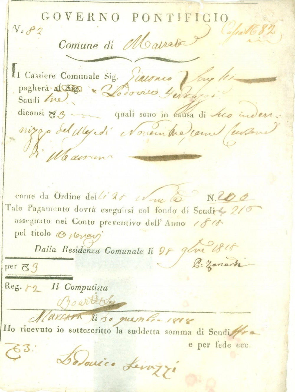 Documento originale, autentico 1818 FERRARA Compenso di Lodovico TERRAZZI cursore di MARRARA Documento 1