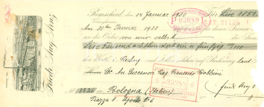 Documento originale, autentico 1930 REMSCHEID DE Friedrich August ARNZ Cambiale pubblicitaria DANNEGGIATA 1