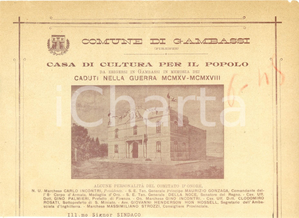 Documento originale, autentico 1925 GAMBASSI TERME FI Casa di Cultura per il Popolo Volantino ILLUSTRATO 1