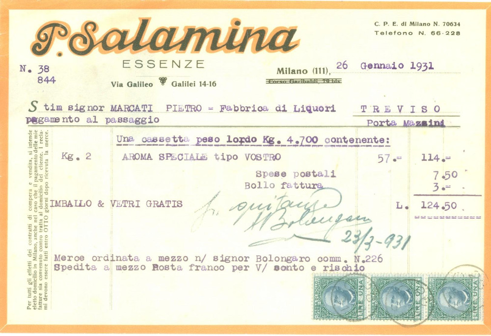 Documento originale, autentico 1931 MILANO Essenze SALAMINA Fattura commerciale su carta intestata 1