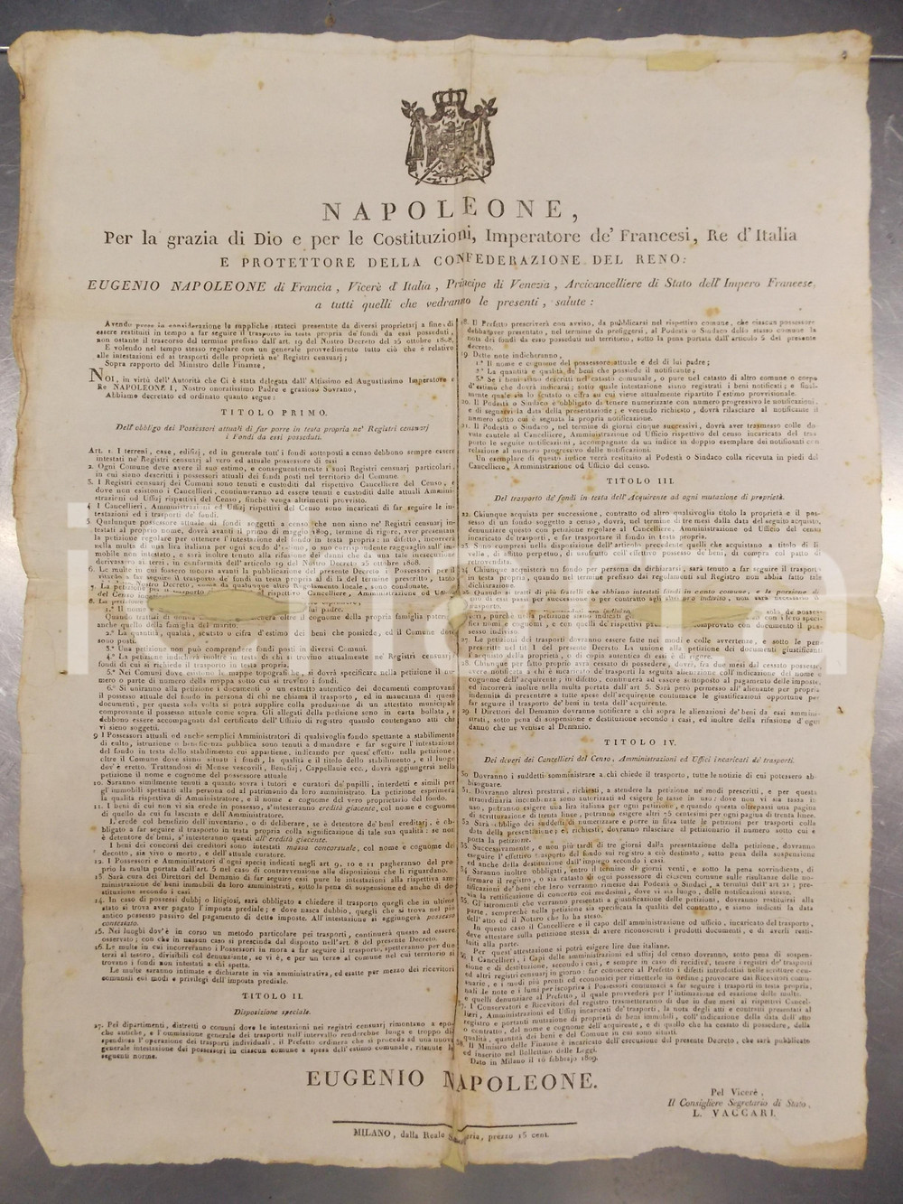 Documento originale, autentico 1809 MILANO VicerÃ¨ Eugenio NAPOLEONE su passaggi di proprietÃ  di fondi censuari 1