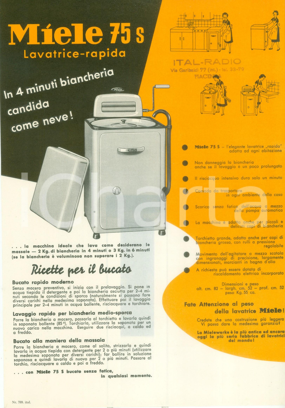 1955 ca GUTERSLOH (GERMANIA) Volantino MIELE Lavatrice Mod. 75 S *PubblicitÃ  DATA: 1955 circaLUOGO: GUTERSLOH (GERMANIA)TITOLO: VOLANTINO PER LAVATRICE RAPIDA MIELE - MOD. 75 SDESCRIZIONE: Volantino pubblicitario d'epoca, illustrato.DIMENSIONI: cm 20 x 29CONDIZIONI: buone. Documento d'epoca, originale, autentico.     originale e autentica 1