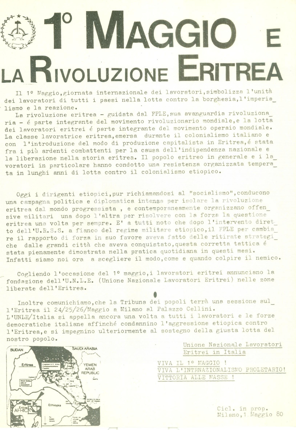 Documento originale, autentico 1980 MILANO Unione Lavoratori Eritrei in Italia 1° Maggio e Rivoluzione Eritrea 1