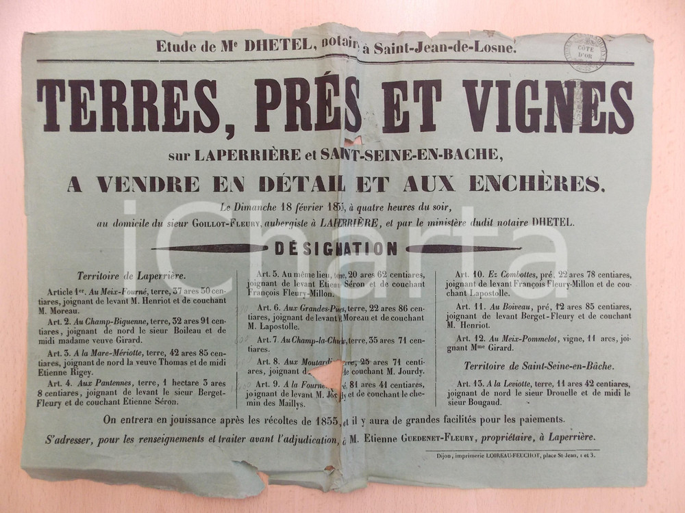 Documento originale, autentico 1855 SAINTSEINEENBACHE / LA PERRIERE F Terre e vigne all asta DANNEGGIATO 1