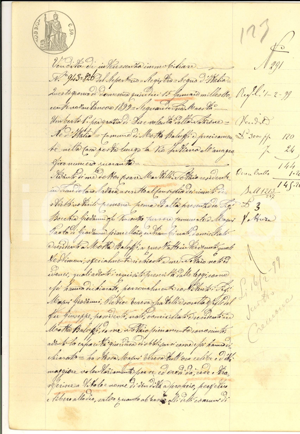 Documento originale, autentico 1899 MOTTA BALUFFI CR Teresa MAGNI vende terre ereditate ai fratelli 1