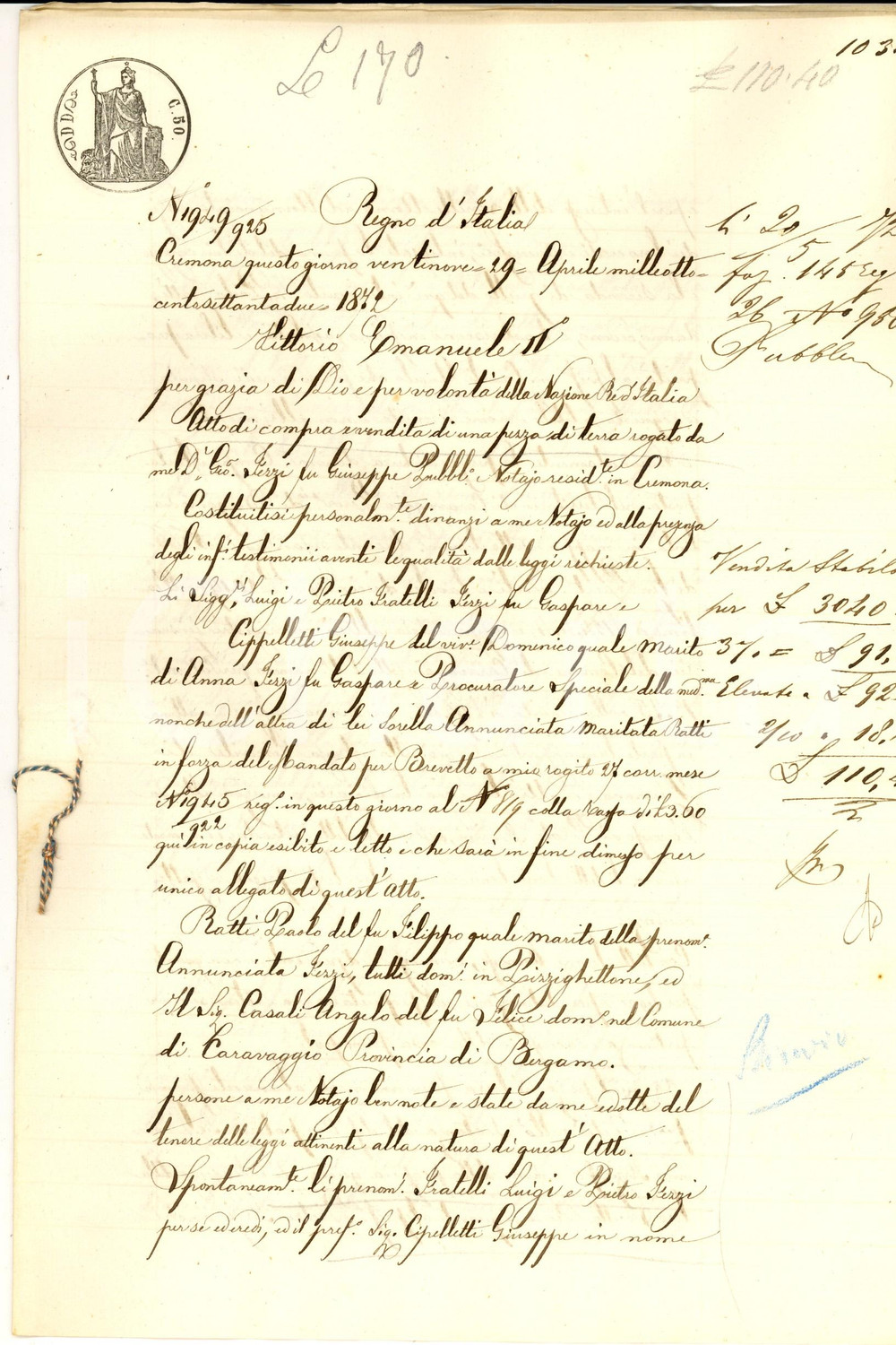 Documento originale, autentico 1872 CARAVAGGIO BG Luigi e Pietro FEZZI vendono campo MERLO ad Angelo CASALI 1