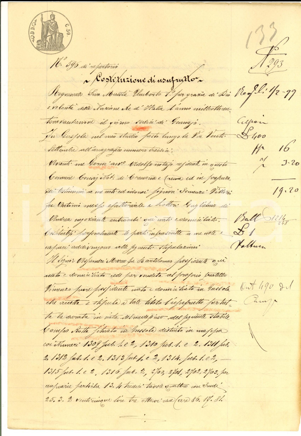 Documento originale, autentico 1899 GUSSOLA CR Marco ASSANDRI cede usufrutto del campo ROTTA al fratello 1