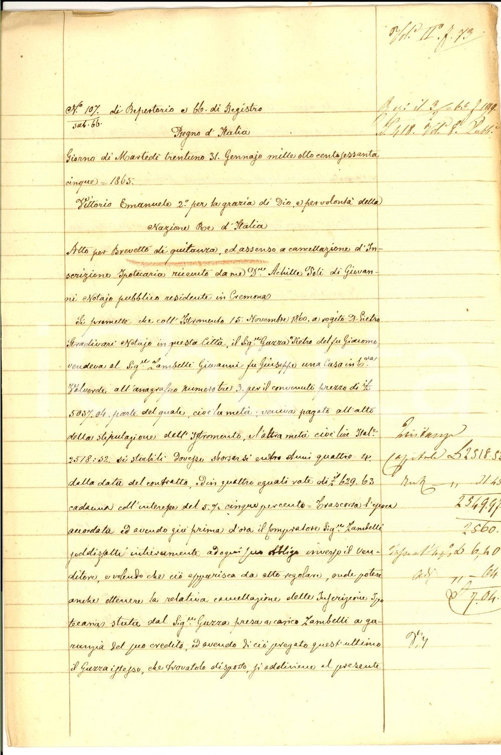 Documento originale, autentico 1865 CREMONA Giovanni LAMBELLI salda prezzo vendita a Pietro GAZZA Manoscritto 1